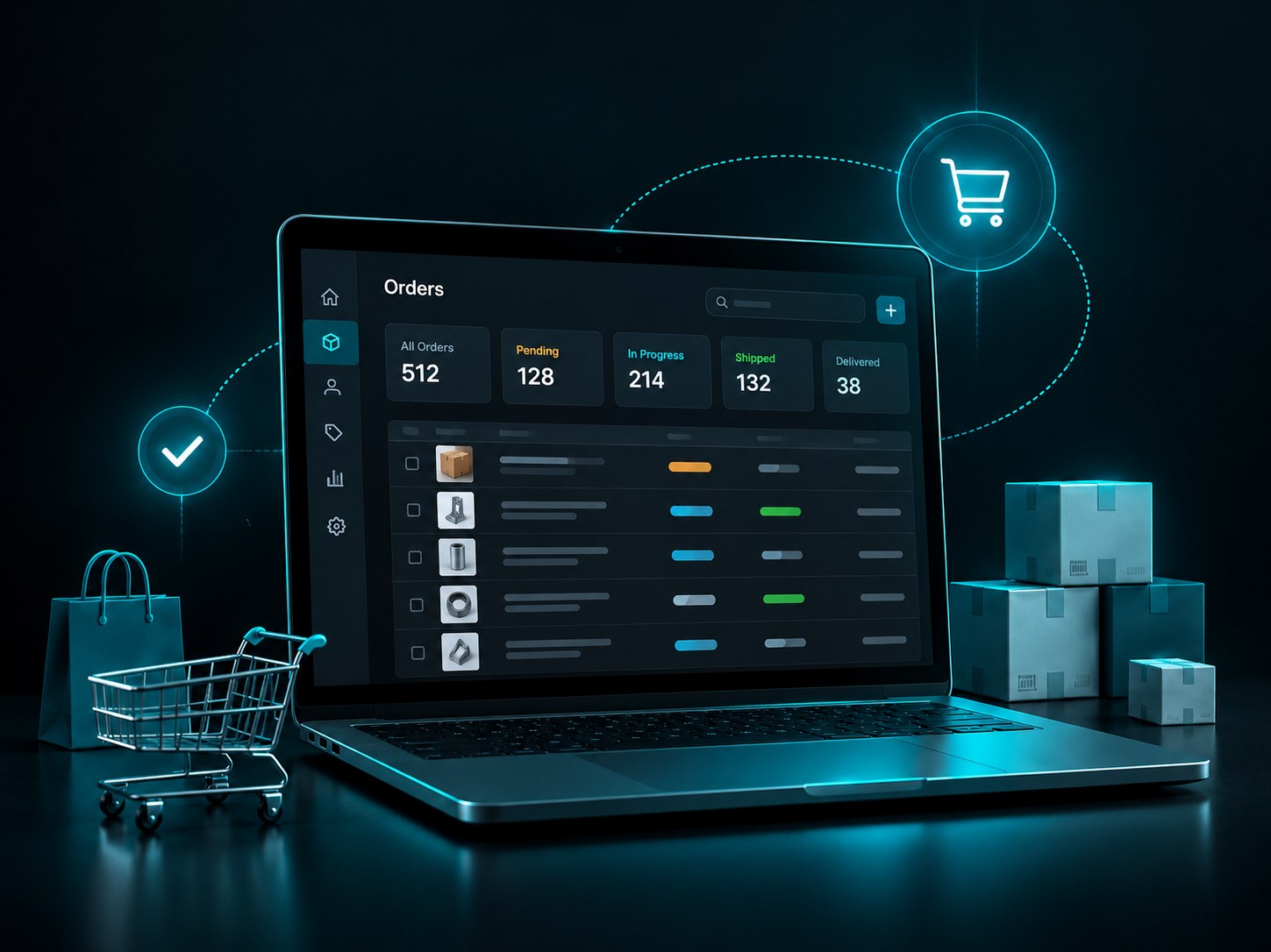 The AuxiCommerce orders dashboard open on a laptop, with a shopping cart and packed boxes beside it
