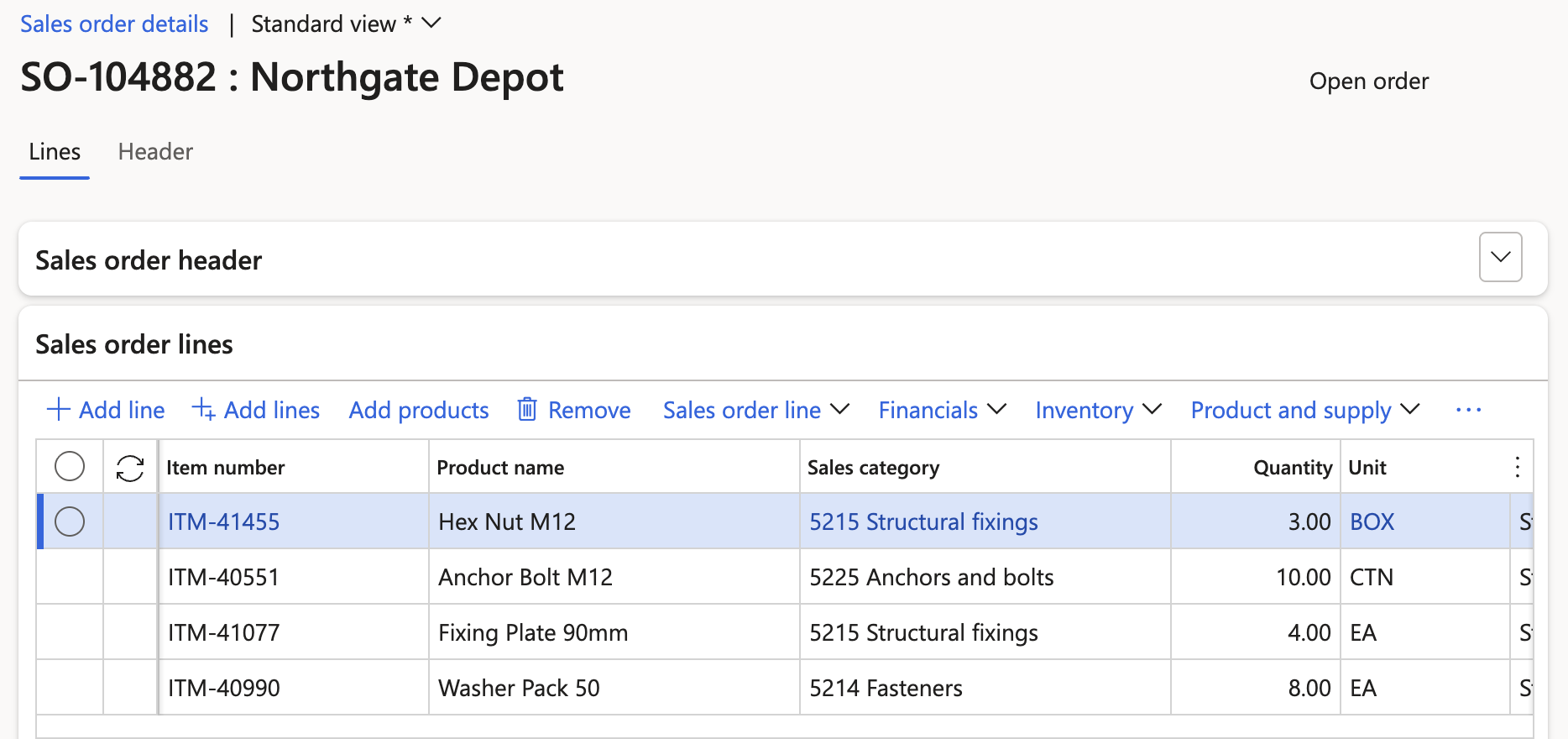 A sales order in Dynamics 365, SO-104882 for Northgate Depot, with four order lines.