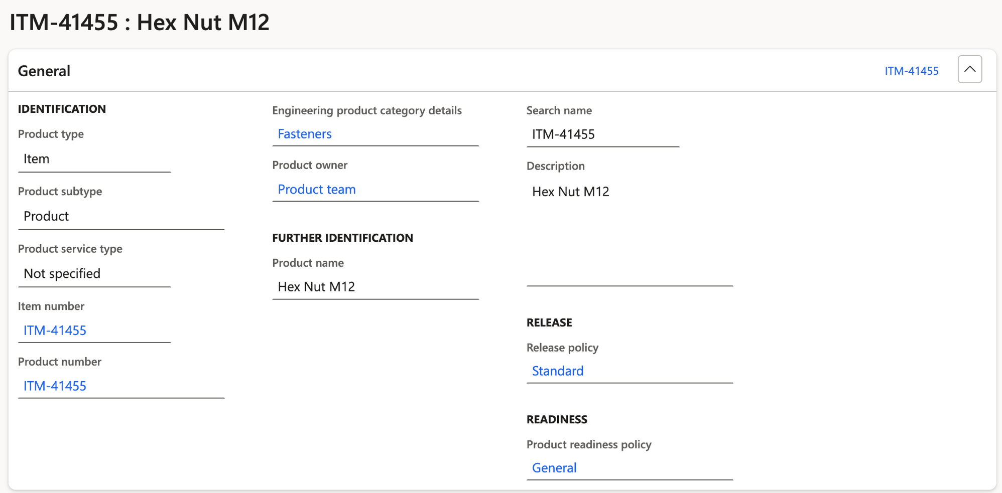 A released product in Dynamics 365, item ITM-41455, Hex Nut M12.