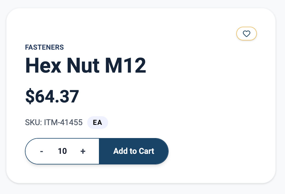 The same product in the AuxiCommerce portal, SKU ITM-41455, Hex Nut M12, priced for the signed-in account.