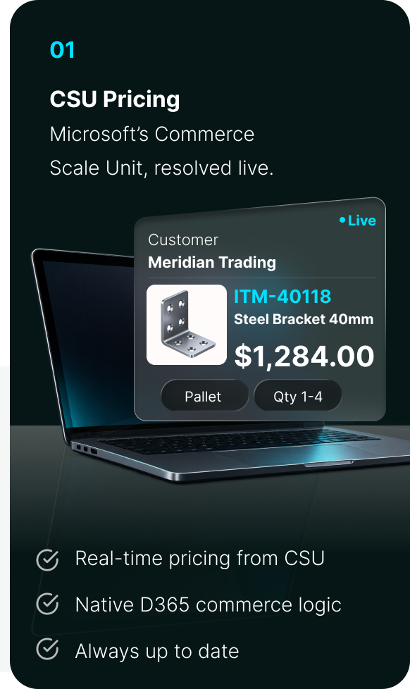 CSU pricing: Meridian Trading buys item ITM-40118, Steel Bracket 40mm, by the pallet at $1,284.00, resolved live from Microsoft's Commerce Scale Unit.
