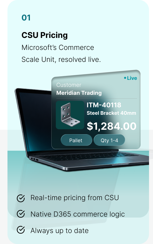 CSU pricing: Meridian Trading buys item ITM-40118, Steel Bracket 40mm, by the pallet at $1,284.00, resolved live from Microsoft's Commerce Scale Unit.