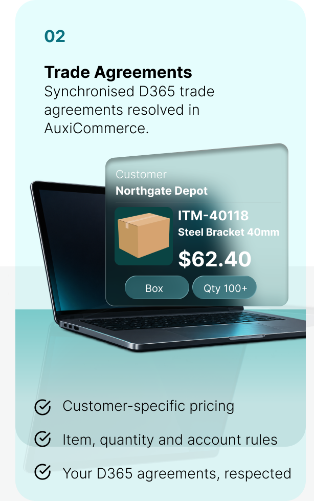 Trade agreements: Northgate Depot buys the same item by the box (100+) at $62.40, resolved from synchronised D365 trade agreements.