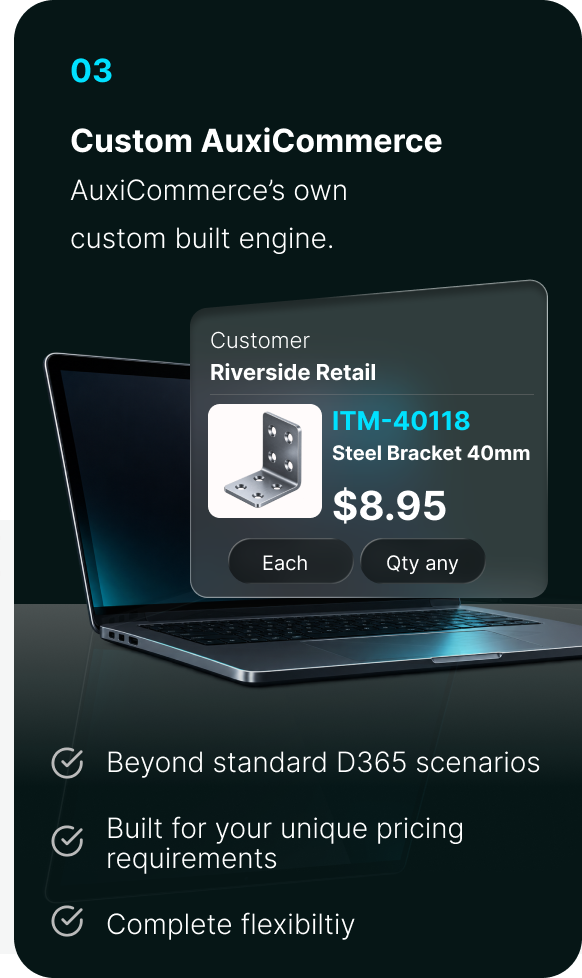 Custom AuxiCommerce pricing: Riverside Retail buys the same item individually at $8.95, resolved by AuxiCommerce's own pricing engine.