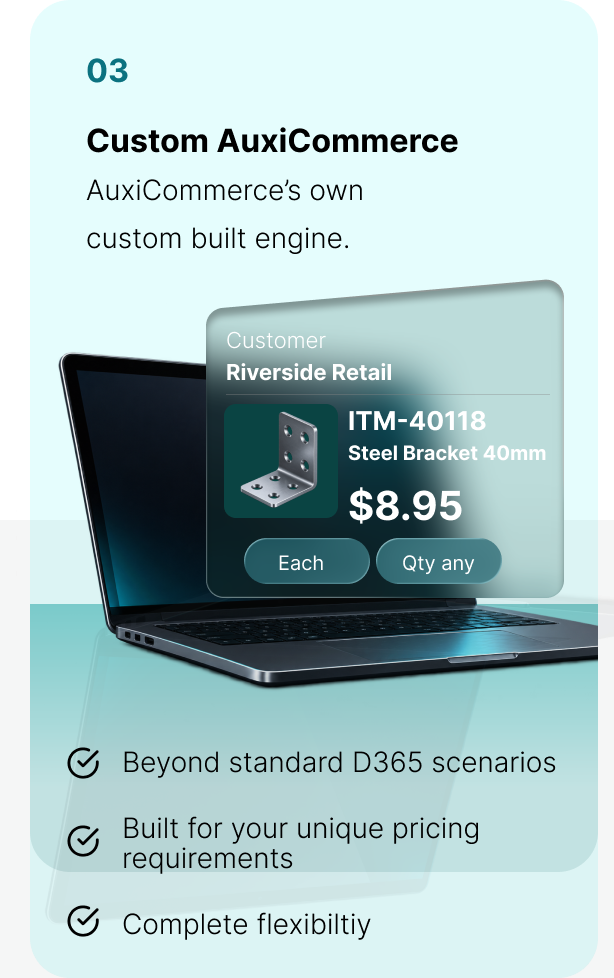 Custom AuxiCommerce pricing: Riverside Retail buys the same item individually at $8.95, resolved by AuxiCommerce's own pricing engine.